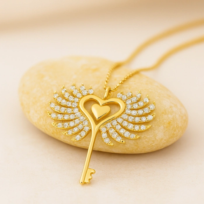 14K Gold Winged Heart Key Necklace, Angel Wing Jewelry