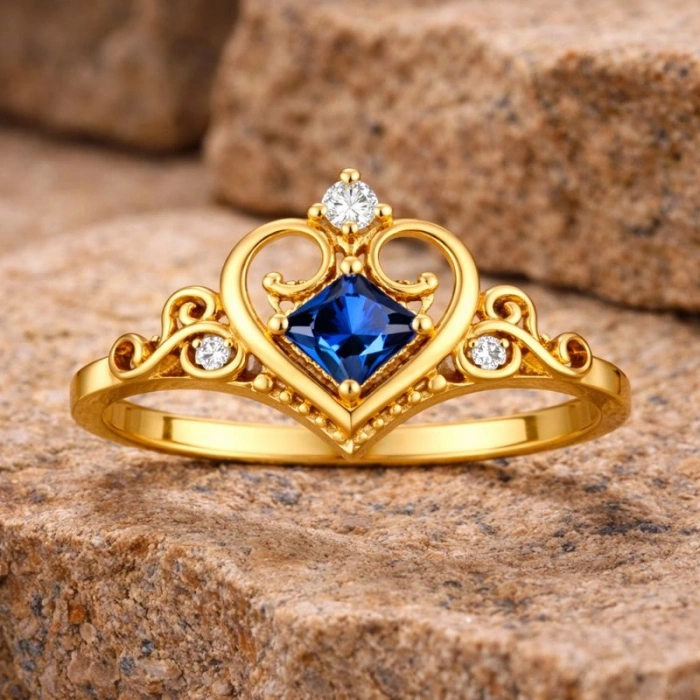 0.30 Karat Kraliçe Tacı Mavi Safir Pırlanta Yüzük