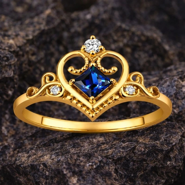 0.30 Karat Kraliçe Tacı Mavi Safir Pırlanta Yüzük