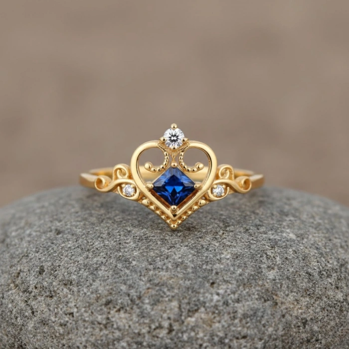 0.30 Karat Kraliçe Tacı Mavi Safir Pırlanta Yüzük