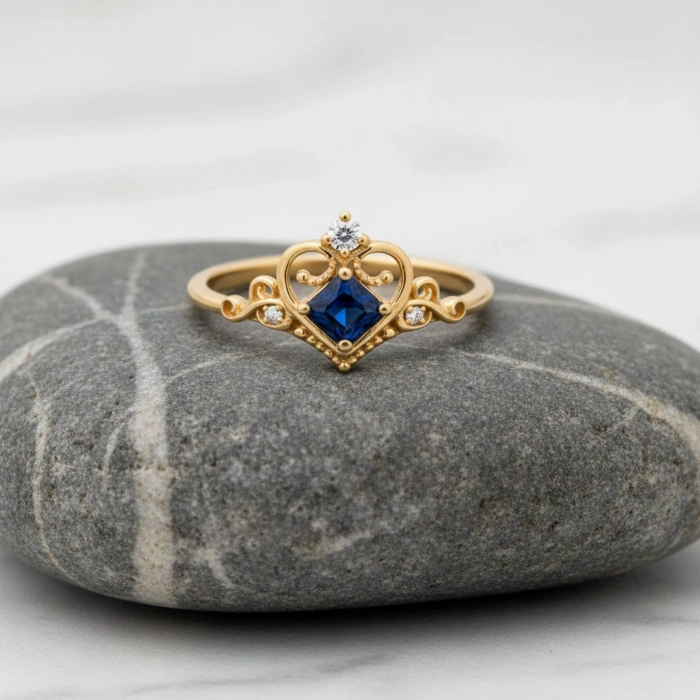 0.30 Karat Kraliçe Tacı Mavi Safir Pırlanta Yüzük