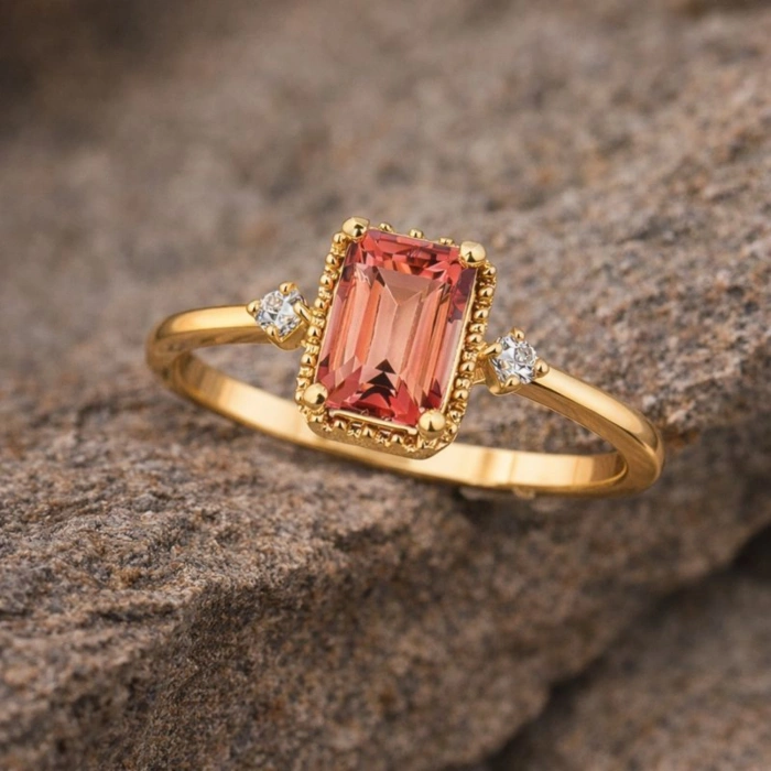 0.90 Karat Pembe Turmalin Pırlanta Yüzük, Zümrüt Kesim Altın Yüzük