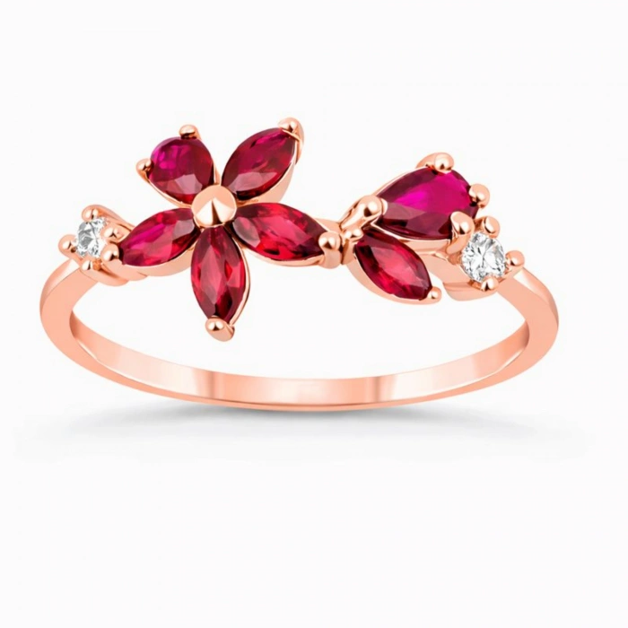 0.75 Karat Yakut Taşlı Pırlanta Yüzük, Markiz Kesim Altın Yüzük