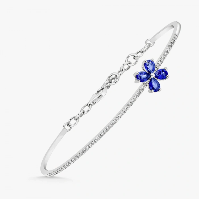 1.02 Karat Pırlanta Yonca Tasarım Safir Bileklik