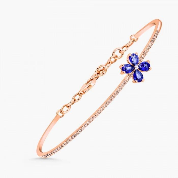 1.02 Karat Pırlanta Yonca Tasarım Safir Bileklik