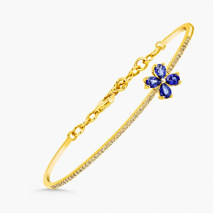 1.02 Karat Pırlanta Yonca Tasarım Safir Bileklik