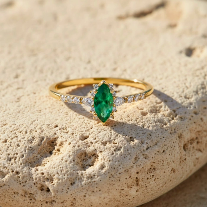 0.47 Carat Marquise Cut Emerald Diamond Ring