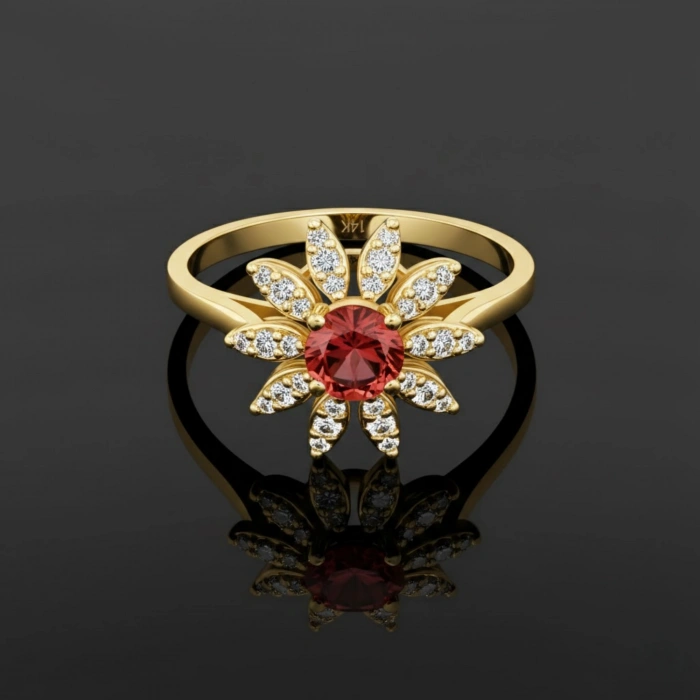 0.73 Karat Yakut Taşlı Papatya Pırlanta Yüzük