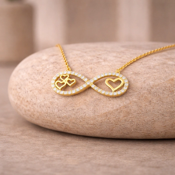 14 Ayar Altın Kalp Detaylı Sonsuzluk Kolye, Aşk Takı