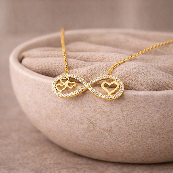 14 Ayar Altın Kalp Detaylı Sonsuzluk Kolye, Aşk Takı