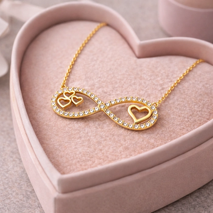 14 Ayar Altın Kalp Detaylı Sonsuzluk Kolye, Aşk Takı