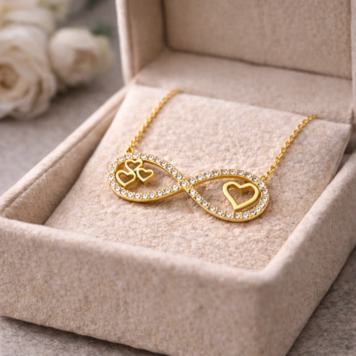 14 Ayar Altın Kalp Detaylı Sonsuzluk Kolye, Aşk Takı