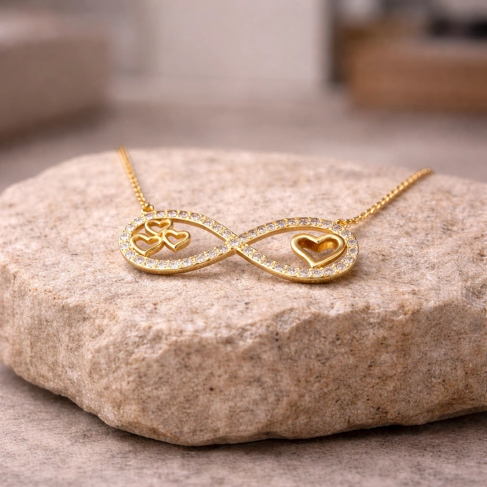 14 Ayar Altın Kalp Detaylı Sonsuzluk Kolye, Aşk Takı