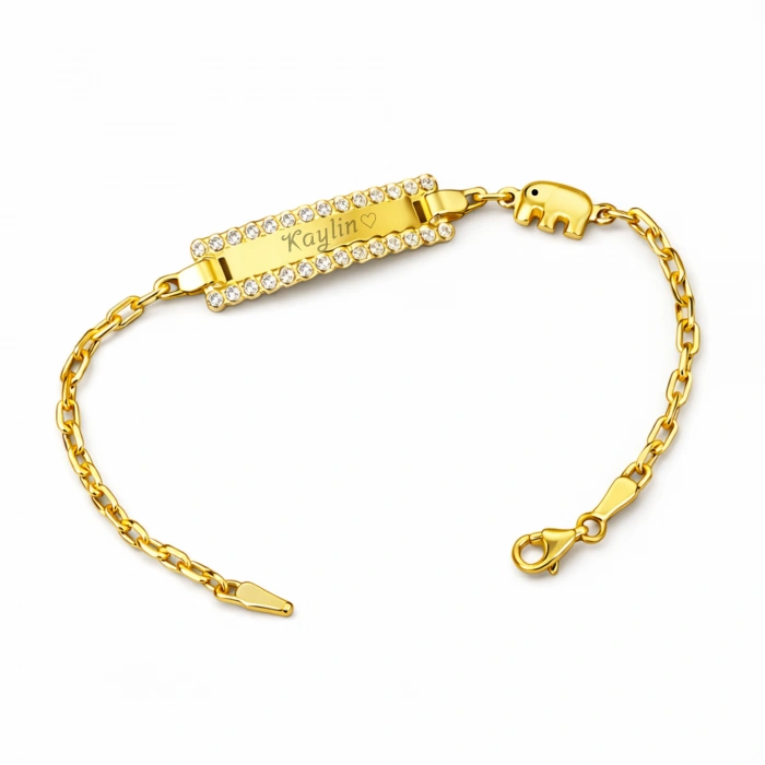14 Ayar Altın Bebek Fil Detaylı İsimli Künye, Bebekler için Altın Bileklik
