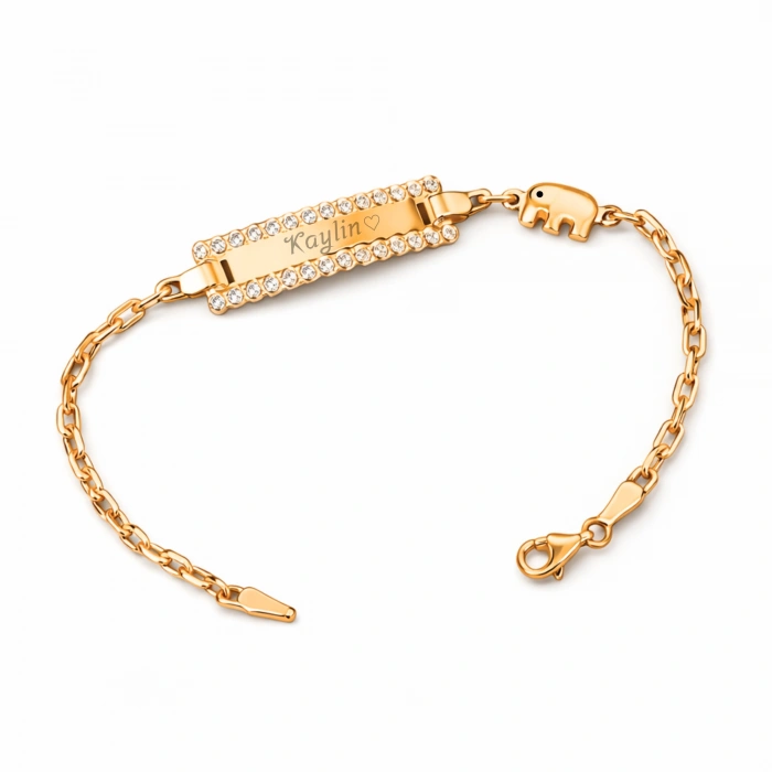 14 Ayar Altın Bebek Fil Detaylı İsimli Künye, Bebekler için Altın Bileklik