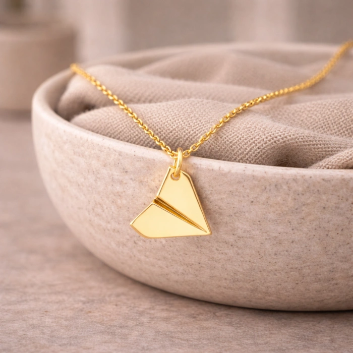 14 Ayar Altın Kağıt Uçak Tasarımlı Kolye, Origami Kolye