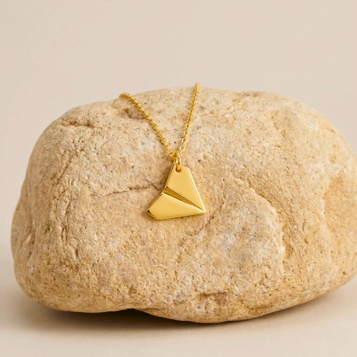 14 Ayar Altın Kağıt Uçak Tasarımlı Kolye, Origami Kolye