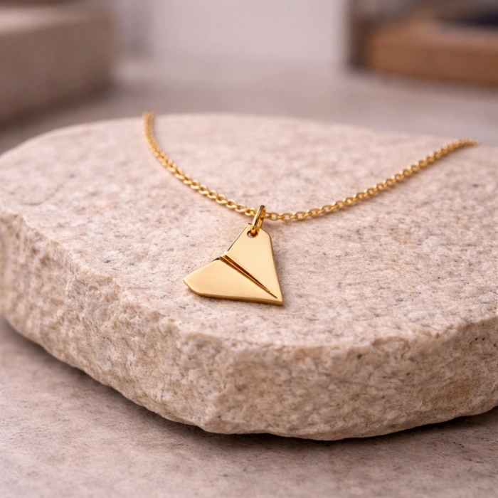 14 Ayar Altın Kağıt Uçak Tasarımlı Kolye, Origami Kolye