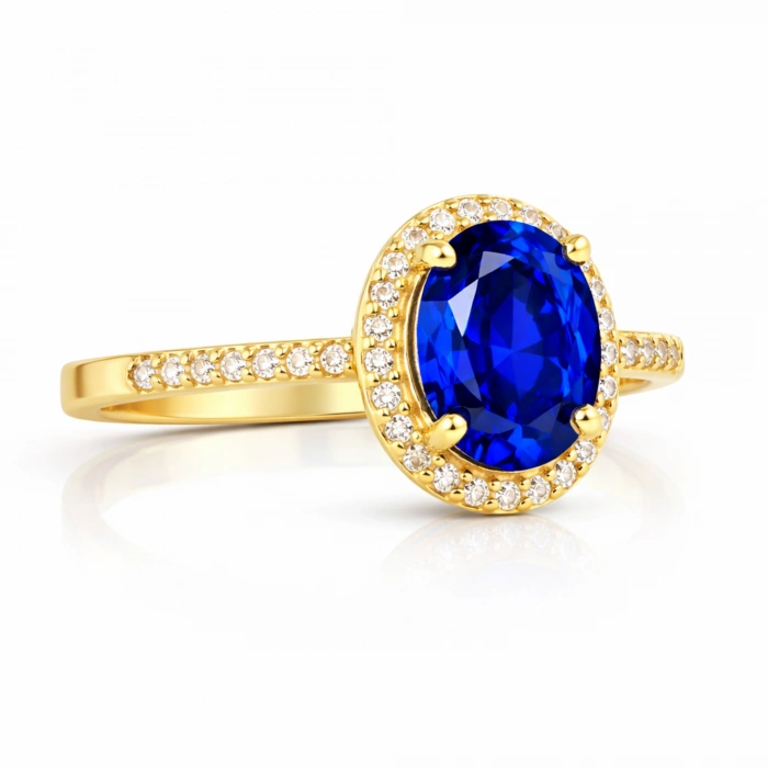 14 Ayar Altın Mavi Safir Oval Yüzük