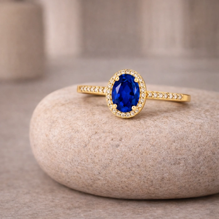 14 Ayar Altın Mavi Safir Oval Yüzük