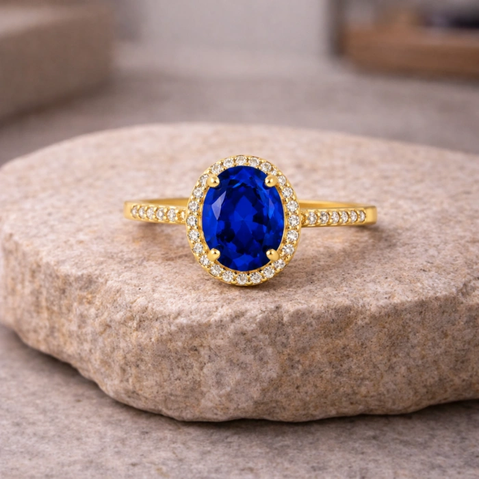 14 Ayar Altın Mavi Safir Oval Yüzük