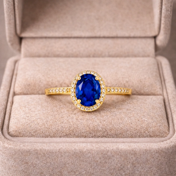 14 Ayar Altın Mavi Safir Oval Yüzük