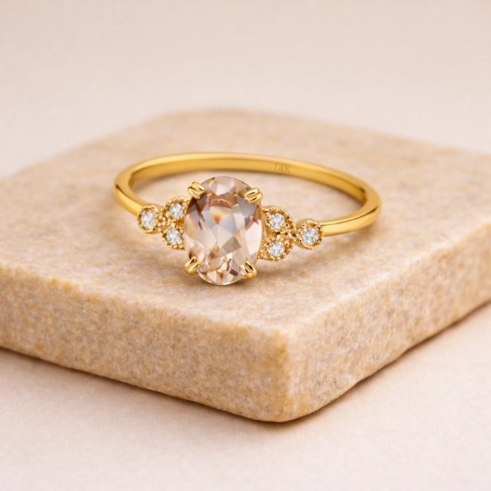 0.63 Karat Pırlanta Oval Kesim Morganit Yüzük