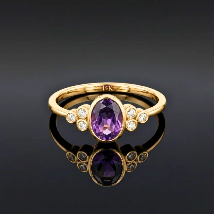 0.61 Karat Pırlanta Ametist Yüzük, Oval Kesim Evlilik Yüzüğü