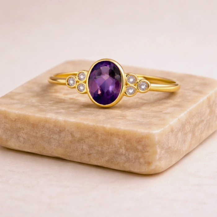 0.61 Karat Pırlanta Ametist Yüzük, Oval Kesim Evlilik Yüzüğü