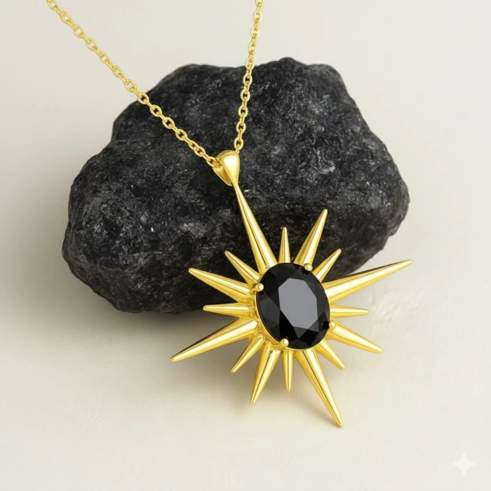 14 Ayar Altın Oniks Taşlı Kuzey Yıldızı Kolye