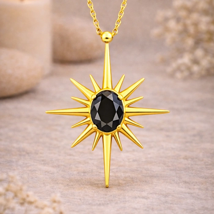 14 Ayar Altın Oniks Taşlı Kuzey Yıldızı Kolye