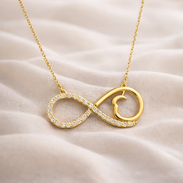 14 Ayar Altın Kalp Detaylı Sonsuzluk Kolye