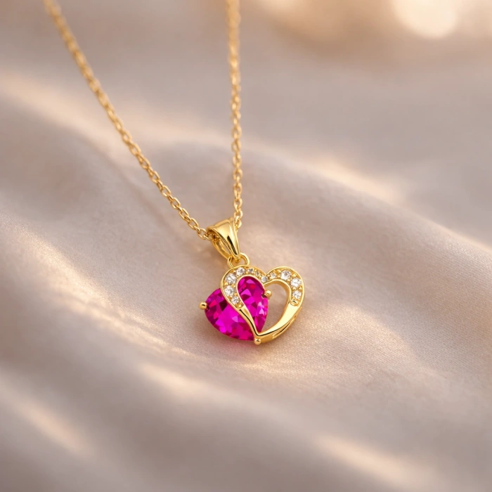 14 Ayar Altın Kalp Kesim Pembe Safir Kolye