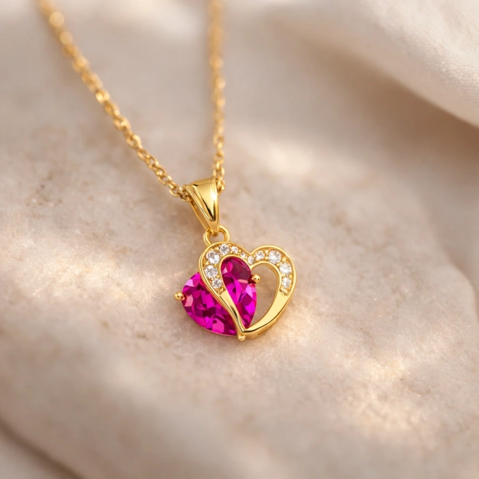 14 Ayar Altın Kalp Kesim Pembe Safir Kolye
