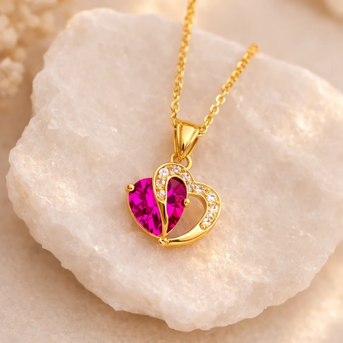 14 Ayar Altın Kalp Kesim Pembe Safir Kolye