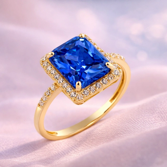 14 Ayar Altın Zümrüt Kesim Safir Yüzük