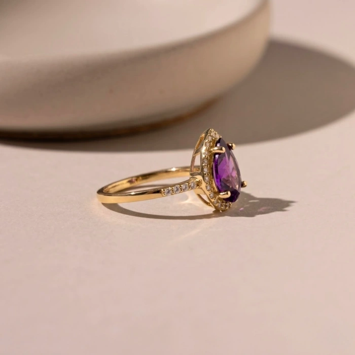 14 Ayar Altın Armut Kesim Ametist Yüzük, Mor Kristal Kuvars Yüzük