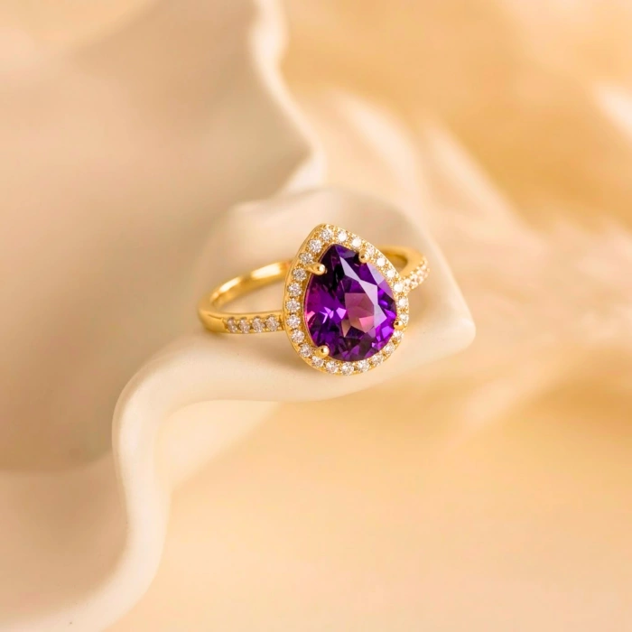 14 Ayar Altın Armut Kesim Ametist Yüzük, Mor Kristal Kuvars Yüzük