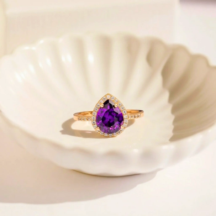 14 Ayar Altın Armut Kesim Ametist Yüzük, Mor Kristal Kuvars Yüzük