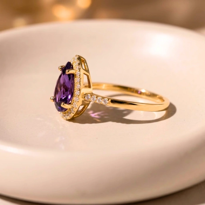 14 Ayar Altın Armut Kesim Ametist Yüzük, Mor Kristal Kuvars Yüzük
