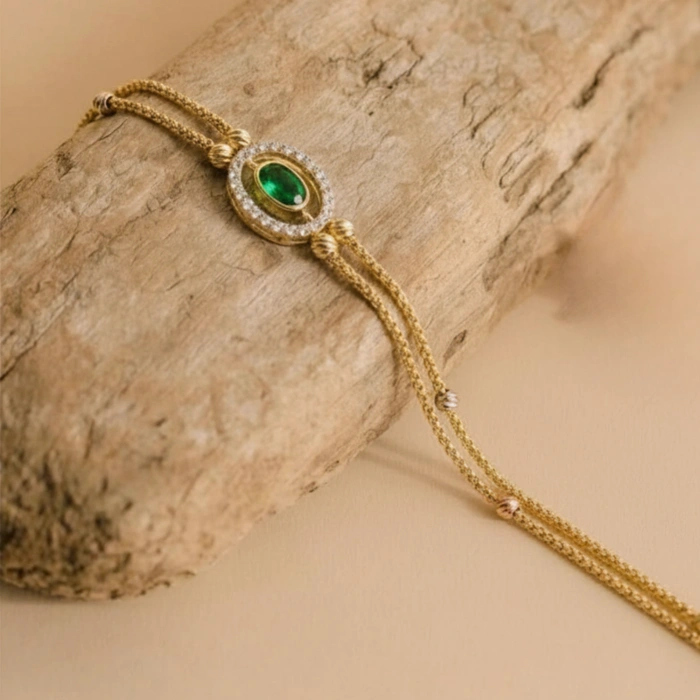 14 Ayar Altın Dorika Detaylı Yeşil Zümrüt Bileklik