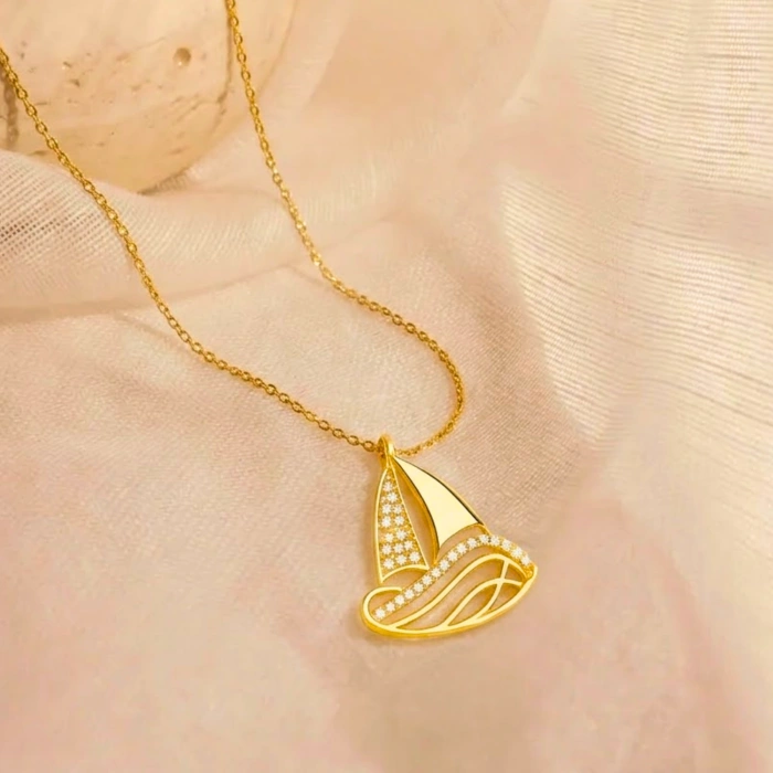 14 Ayar Altın Yelkenli Gemi Kolye, Yelkenli Tekne Kolye, Zarif Denizcilik Takıları