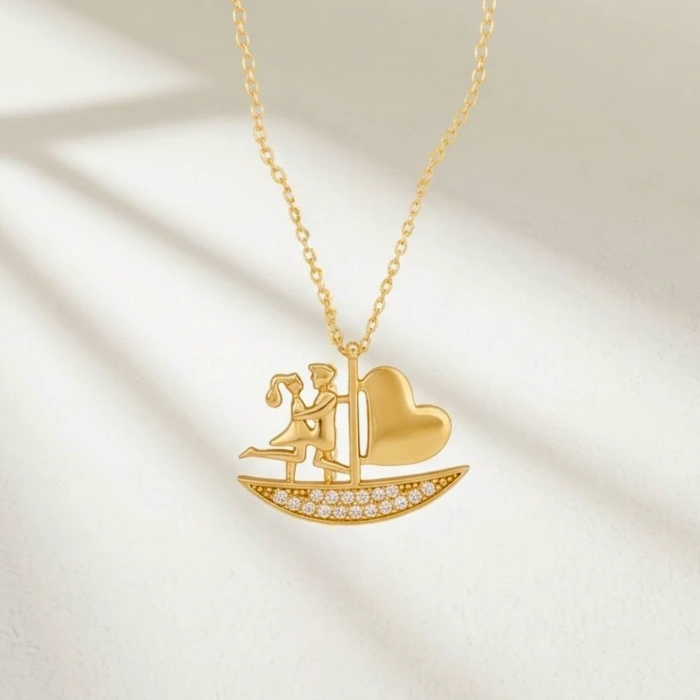 14 Ayar Altın Yelkenli Kalp Kolye, Zarif ve Romantik Çiftler İçin Takı