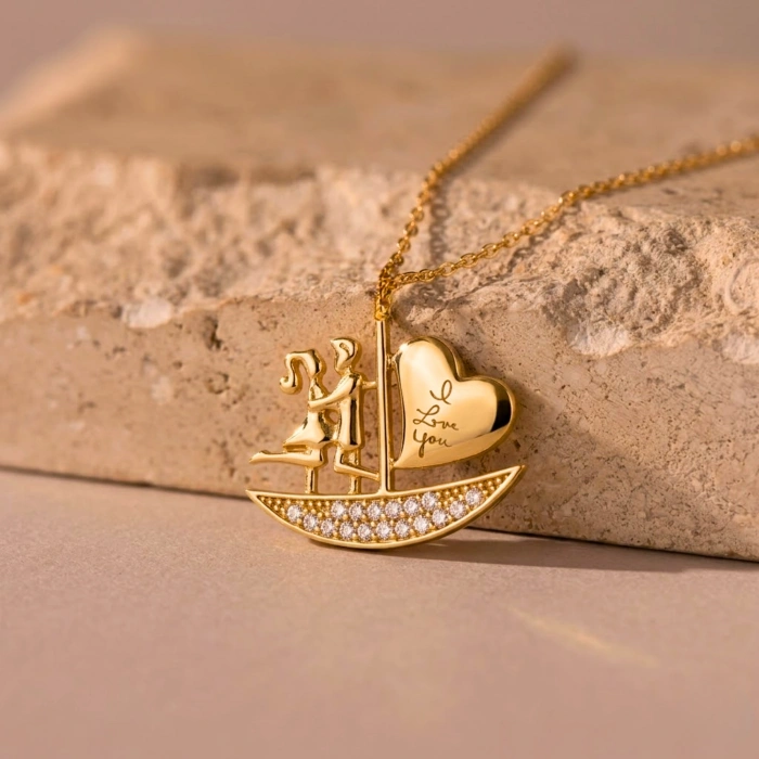 14 Ayar Altın Yelkenli Kalp Kolye, Zarif ve Romantik Çiftler İçin Takı