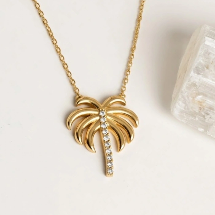 14 Ayar Altın Palmiye Kolye, Tropikal Palmiye Ağacı Altın Kolye