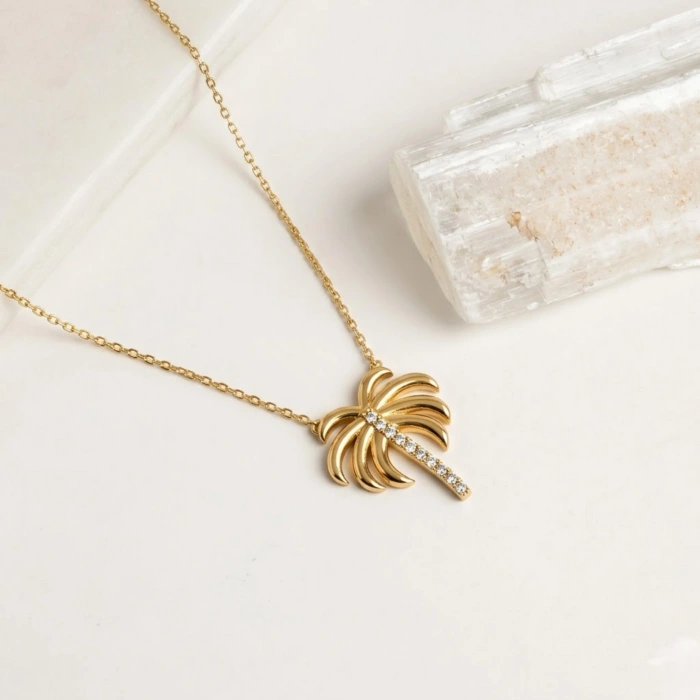 14 Ayar Altın Palmiye Kolye, Tropikal Palmiye Ağacı Altın Kolye