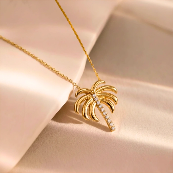 14 Ayar Altın Palmiye Kolye, Tropikal Palmiye Ağacı Altın Kolye