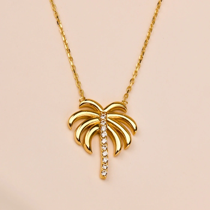 14 Ayar Altın Palmiye Kolye, Tropikal Palmiye Ağacı Altın Kolye