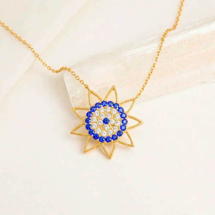 14K Altın Safir Taşlı Güneş Kolye