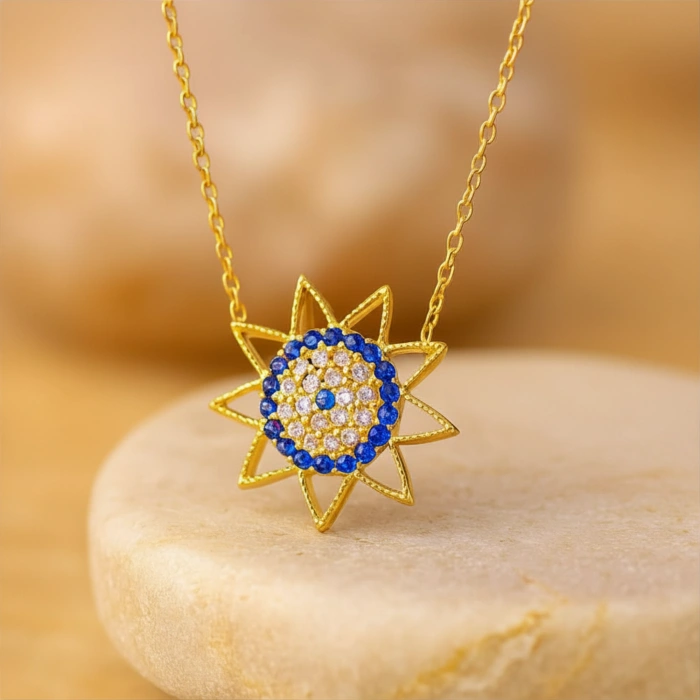 14K Altın Safir Taşlı Güneş Kolye